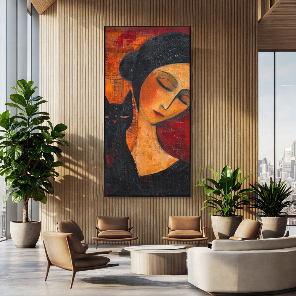 Tablou canvas cu pictura cu femeie si pisica neagra, in rama de aluminiu negru, pe perete intr-un birou